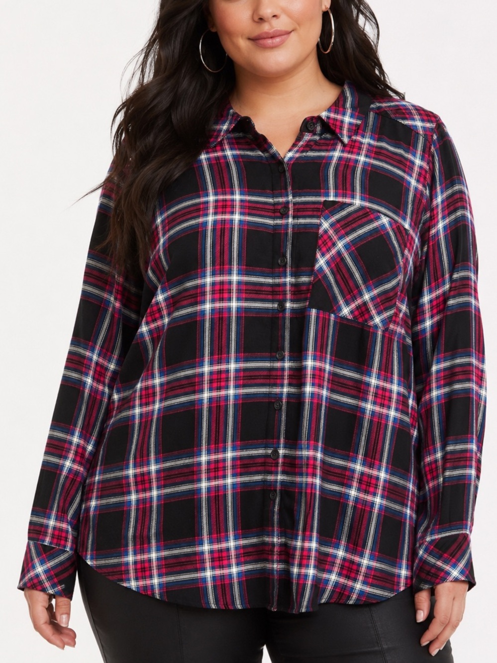 Torrid Plaid Button Down Flannel Shirt Long Sleeve Black Pink Size 00 or M/L
